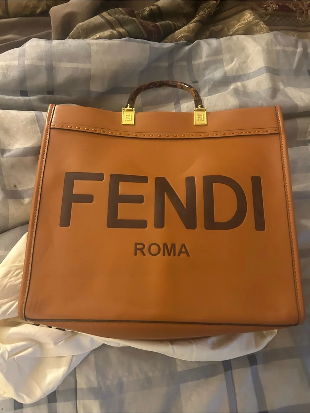 Fendi Roma Leather Tote in Tan with Brown Logo